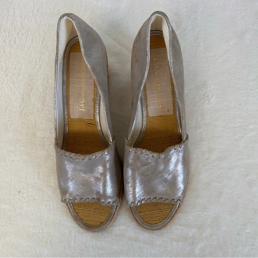 Jack Rogers Women's Sandals Size 9.5M Silver Metallic Leather Espadrille Wedge